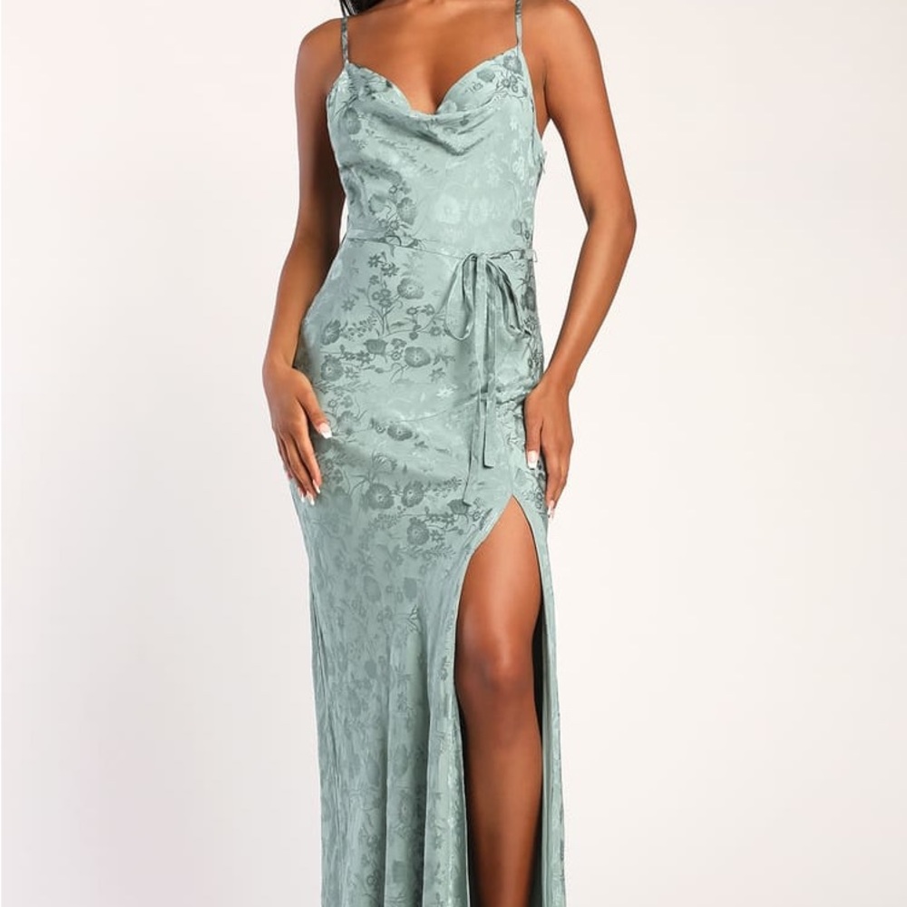 Lulu’s Floral Flirtations Dusty Sage Satin Floral Jacquard Maxi Dress - Size XL